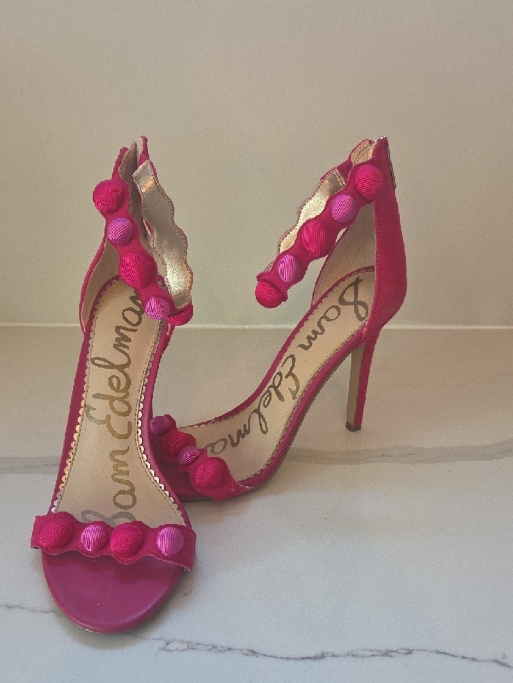 Sam Edelman Deep Pink Pom-Trim Stiletto Sandals - Picture 2 of 4